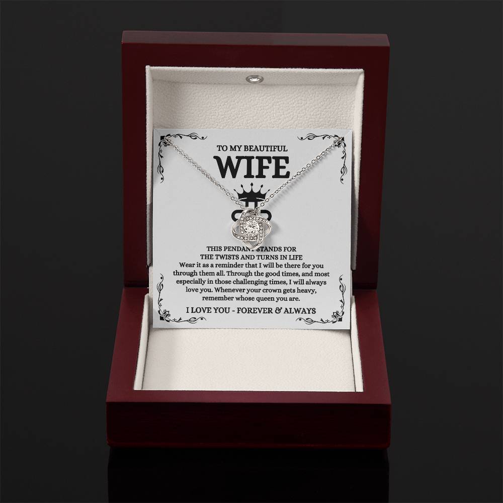 To My Beautiful Wife Necklace - Best Loving Jewelry Gift for Valentine’s Day, Anniversaries & Romantic Surprises - Love Knot Necklace