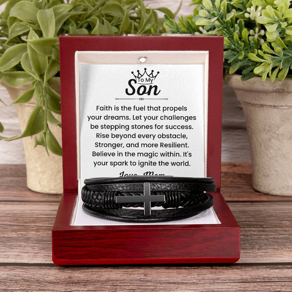 To My Son – Christmas, Birthday Gift from Mom – Men’s Cross Bracelet