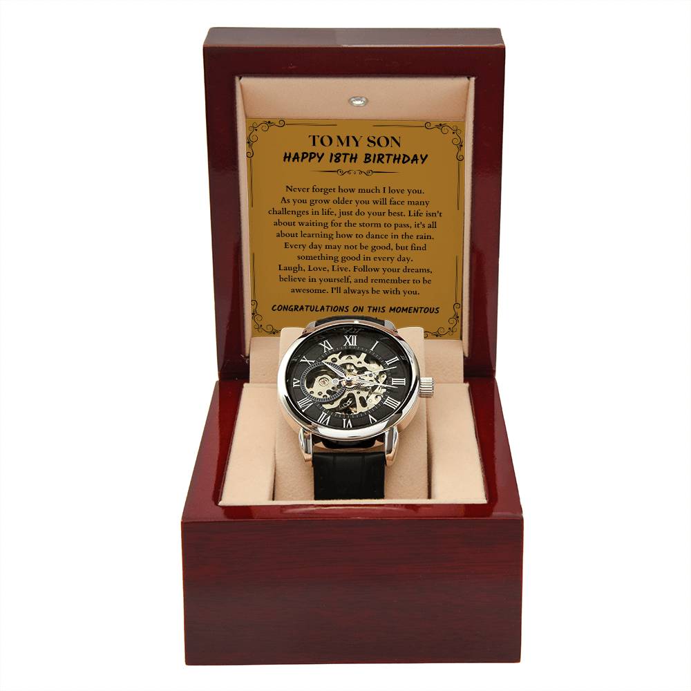 To My Son | Happy 18th Birthday Gift For Him From Mom/Dad | Men's Openwork Watch