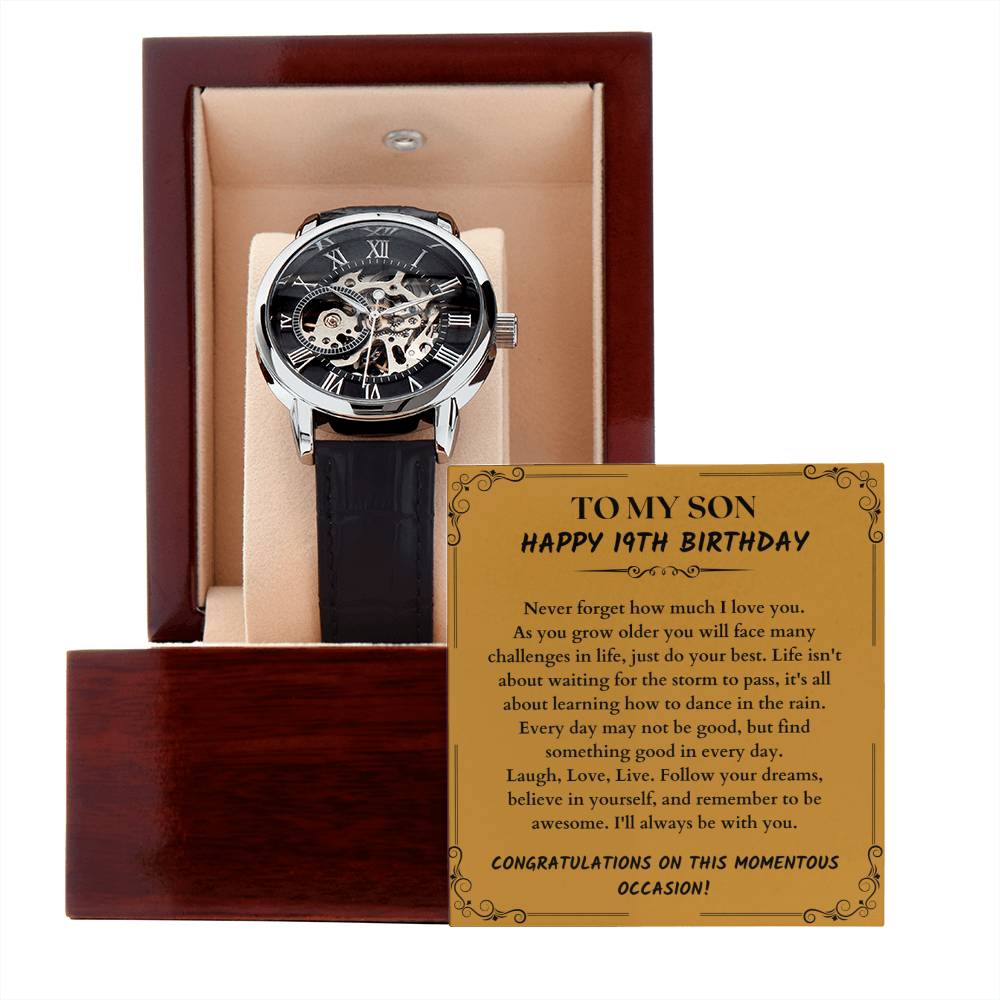 To My Son | Happy 19th Birthday Gift For Him From Mom/Dad | Men's Openwork Watch