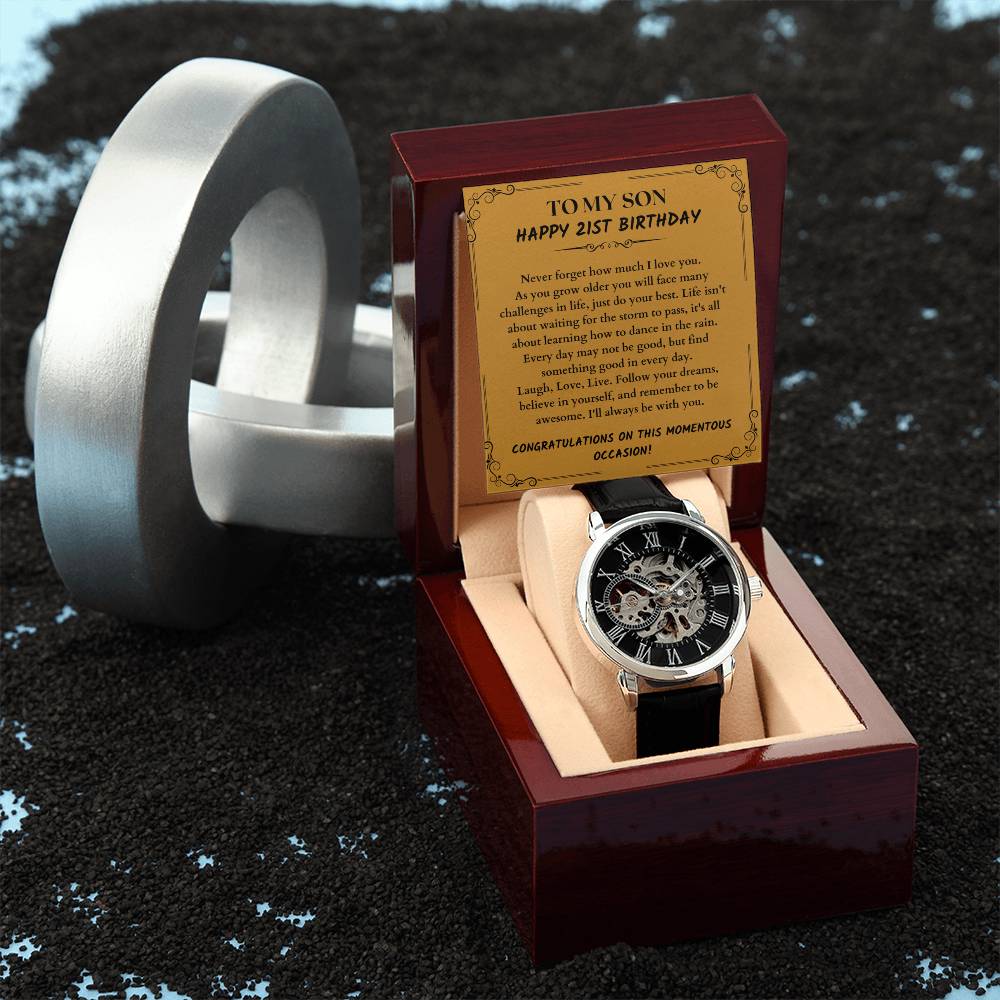 To My Son | Happy 21st Birthday Gift For Him From Mom/Dad | Men's Openwork Watch