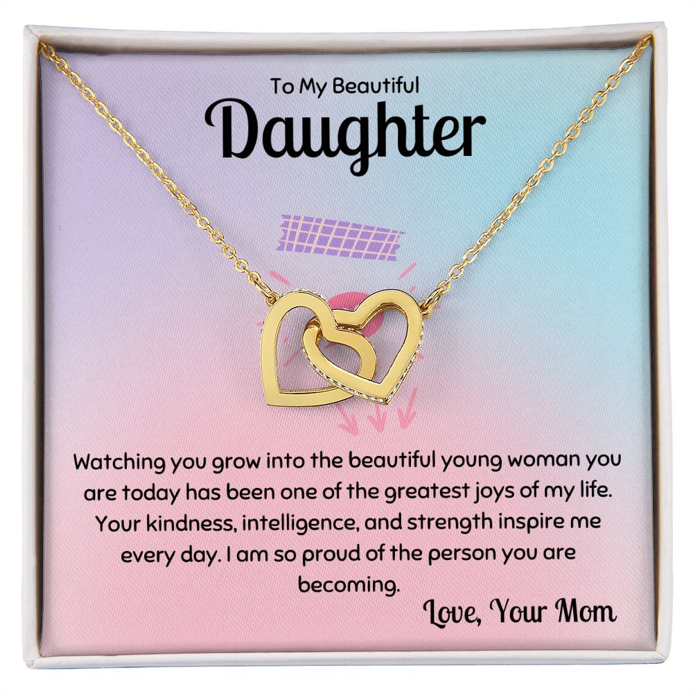 To My Beautiful Daughter Gift, Beautiful Young Woman Interlocking Hearts Necklace