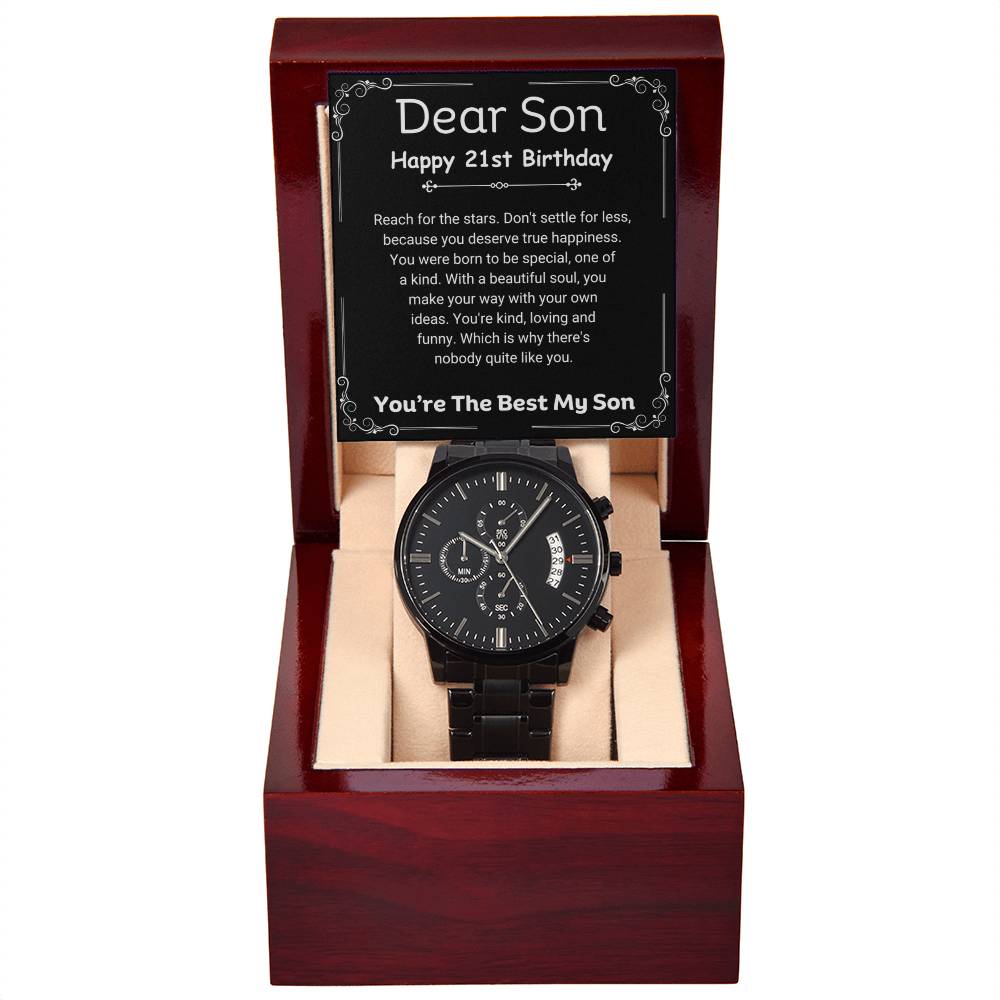 To My Son | Happy 21st Birthday Gift For Him From Parents | Black Chronograph Watch