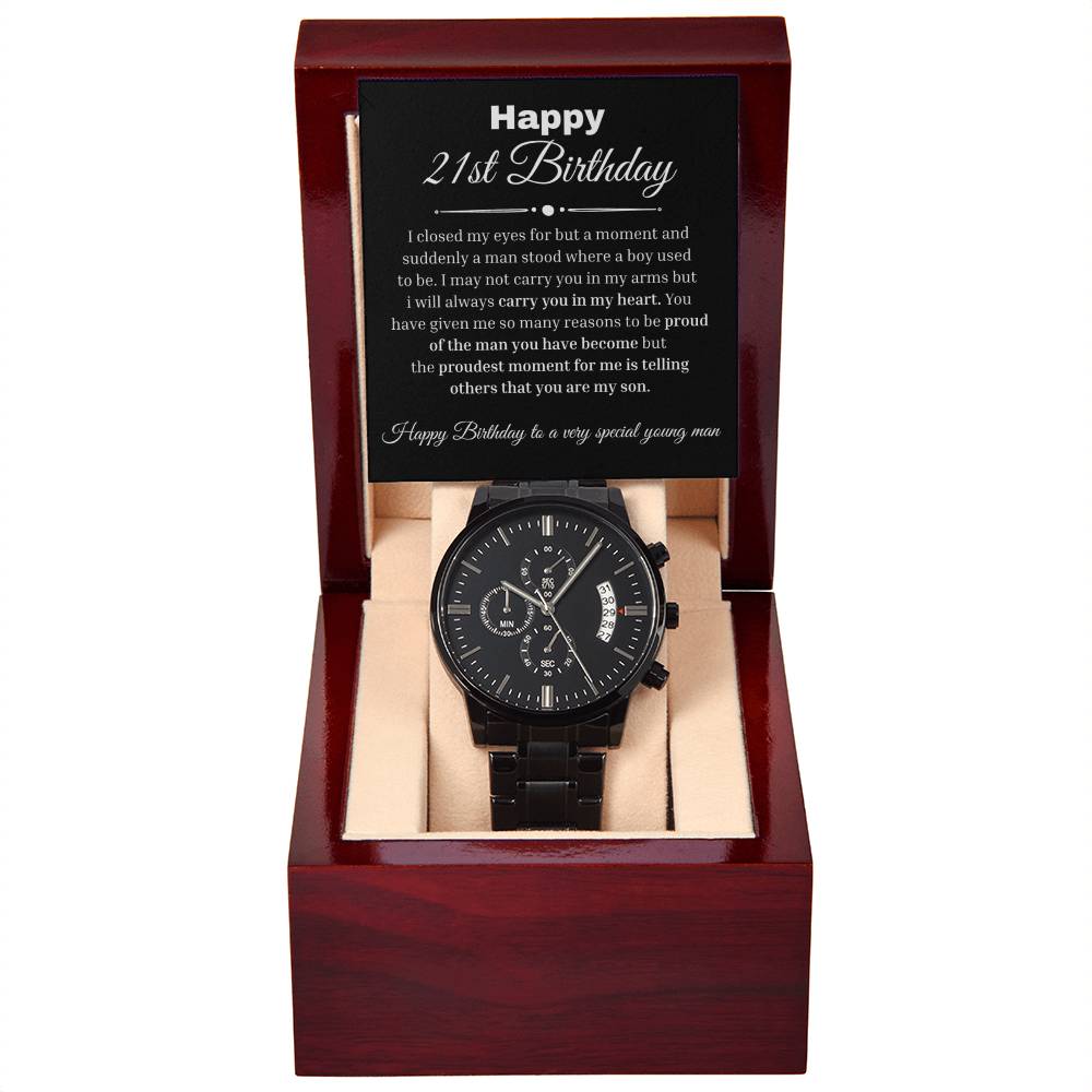 21st Birthday Gift For Him - Proudest Moment Black Chronograph Watch
