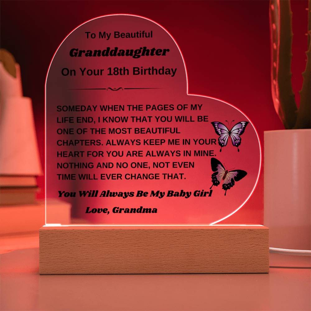 To My Beautiful Granddaughter - On Your 18th Birthday Gift From Grandma - Heart Acrylic Plaque