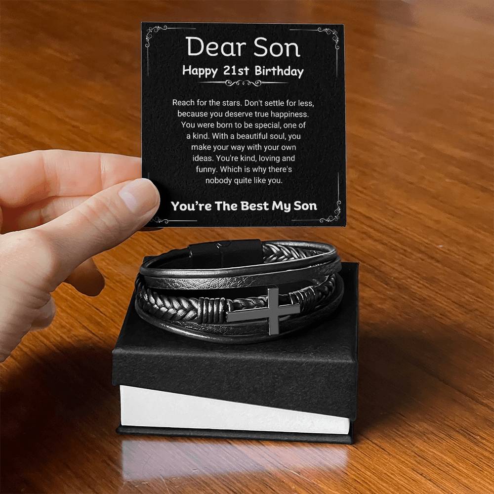 21st Birthday Gift For Son From Parents | Don't Settle For Less, Men's Cross Leather Bracelet