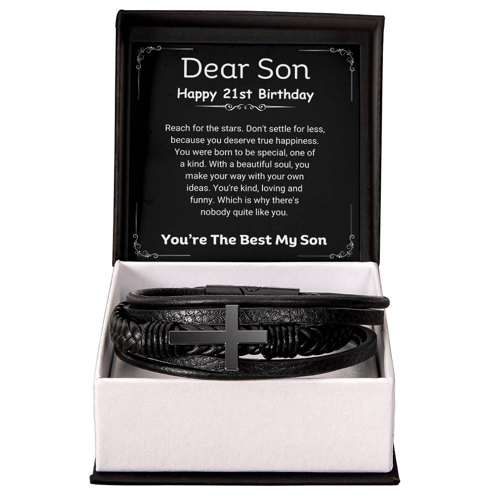 21st Birthday Gift For Son From Parents | Don't Settle For Less, Men's Cross Leather Bracelet