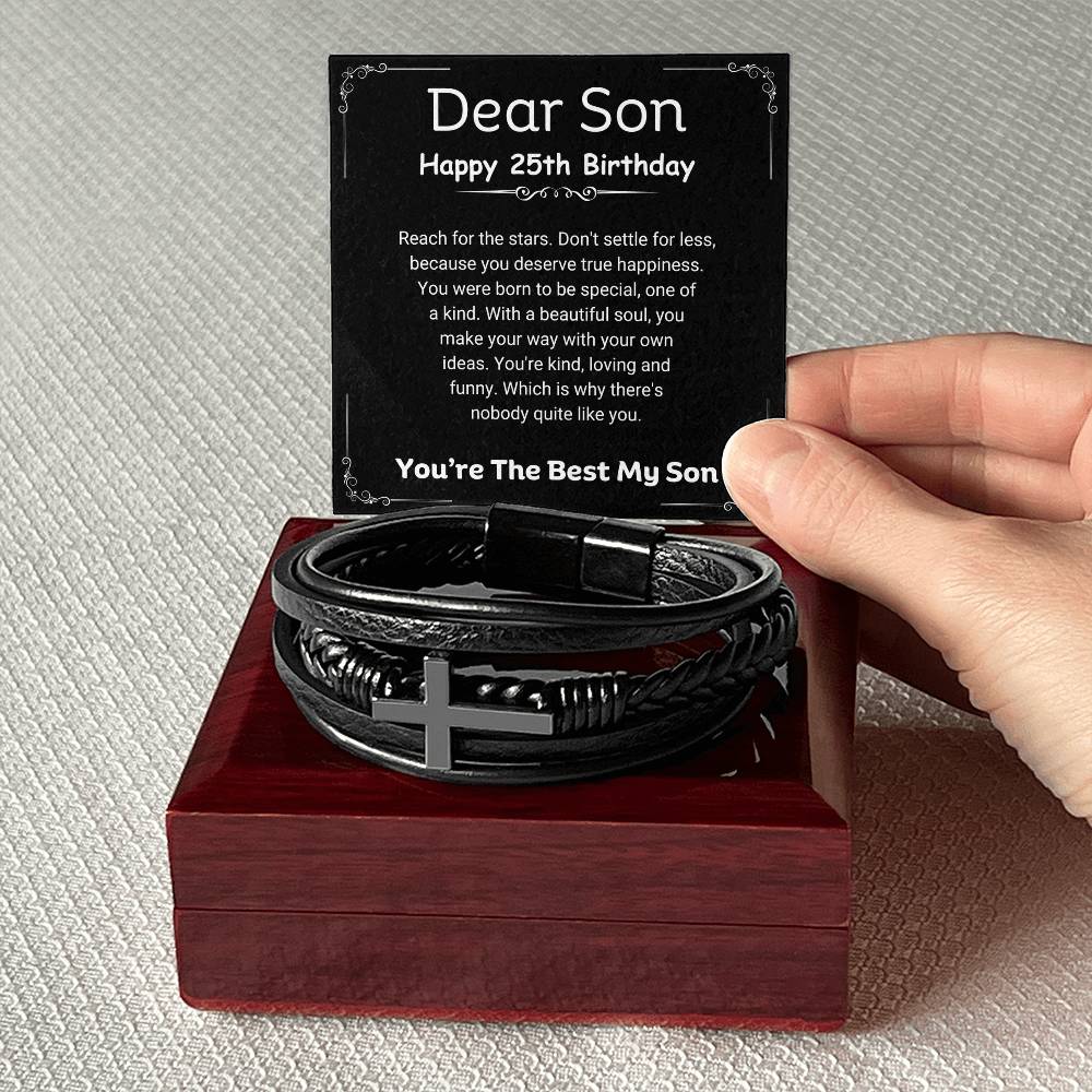 25th Birthday Gift For Son From Parents | Don't Settle For Less, Men's Cross Leather Bracelet