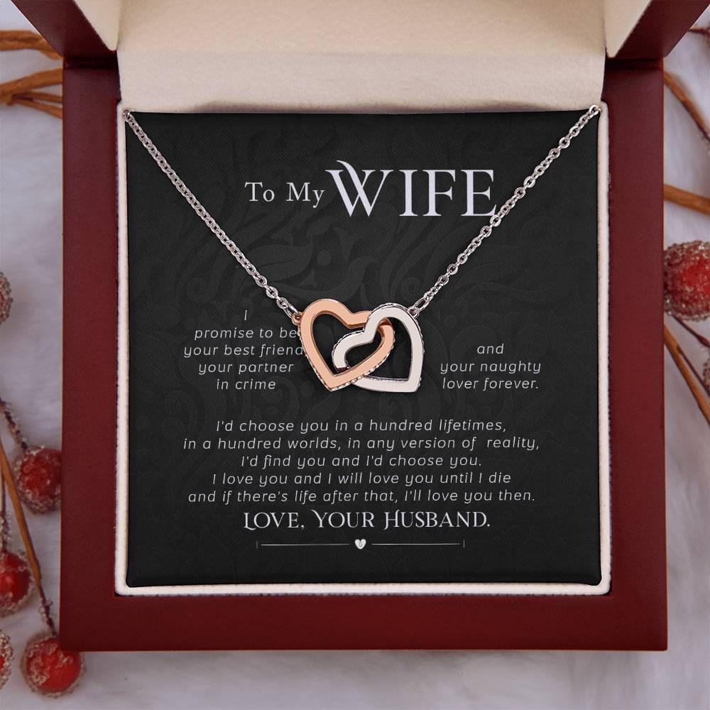 To My Wife Necklace - Touching Romantic Gift for Wife from Husband for Christmas, Anniversary & Valentine’s Day - Interlocking Hearts Necklace