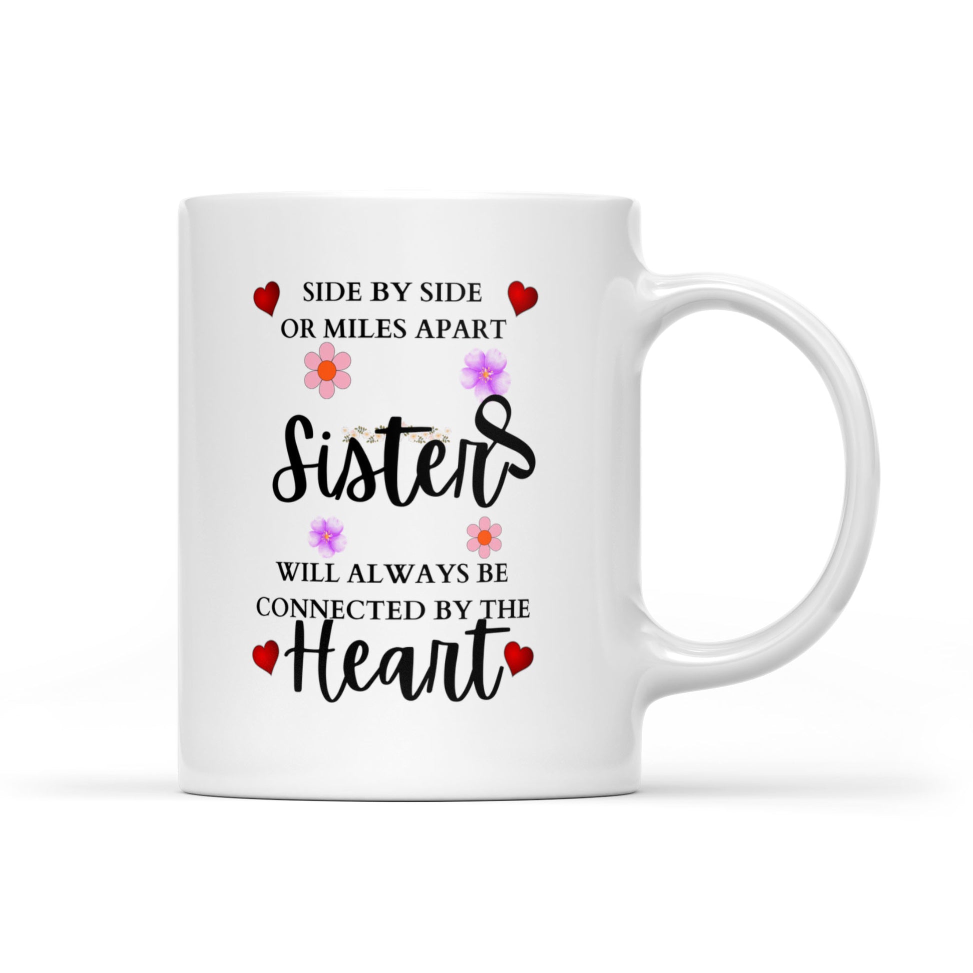 Gift Mug for Sisters, Side by Side Or Miles Apart Sisters Will Always Be Connected By Heart