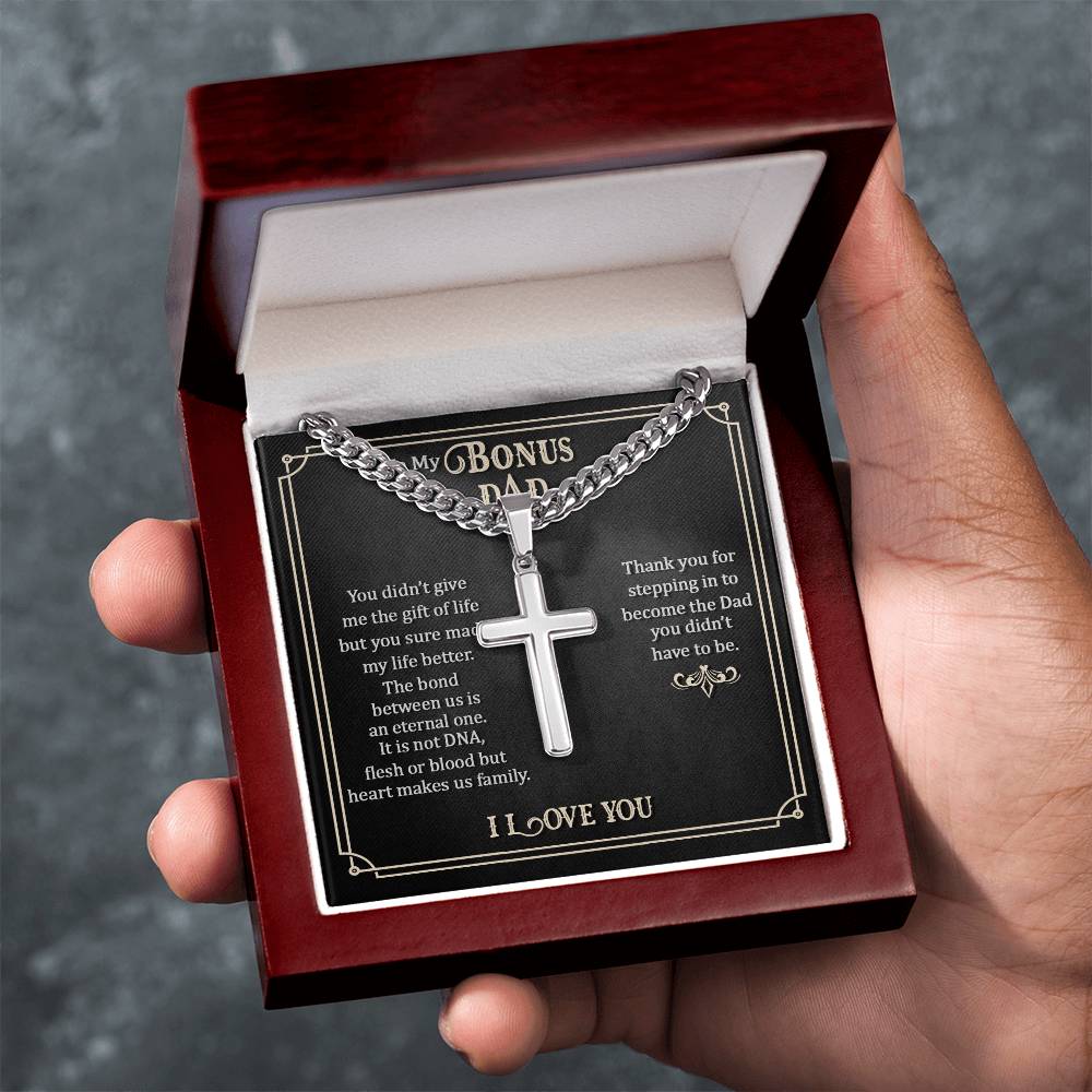 To My Bonus Dad - Artisan Cross with Cuban Link Chain Gift for Him