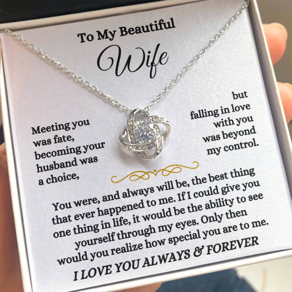 To My Beautiful Wife Necklace - Touching Romantic Gift for Wife from Husband for Christmas, Anniversary & Valentine’s Day - Love Knot Necklace