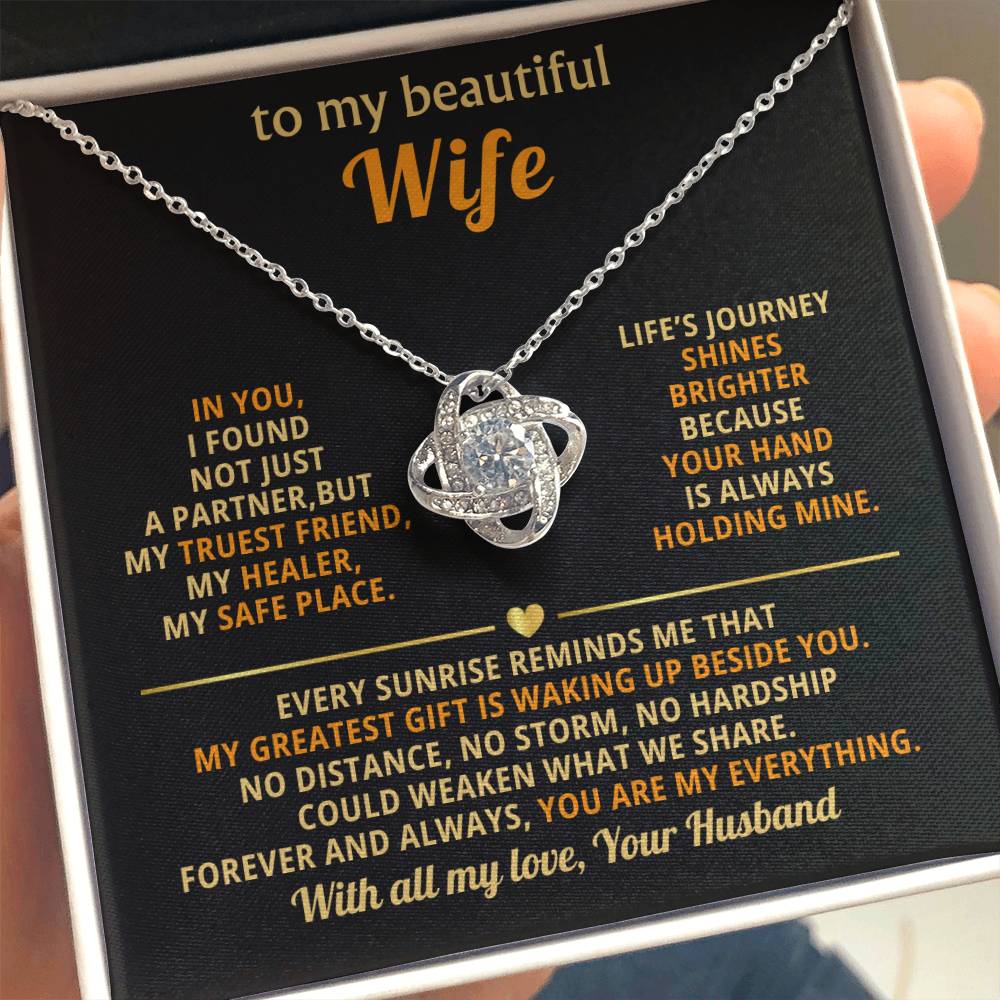 To My Beautiful Wife Necklace - Sentimental Birthday Gift from Husband, Romantic Jewelry for Valentine’s Day & Holidays - Love Knot Necklace