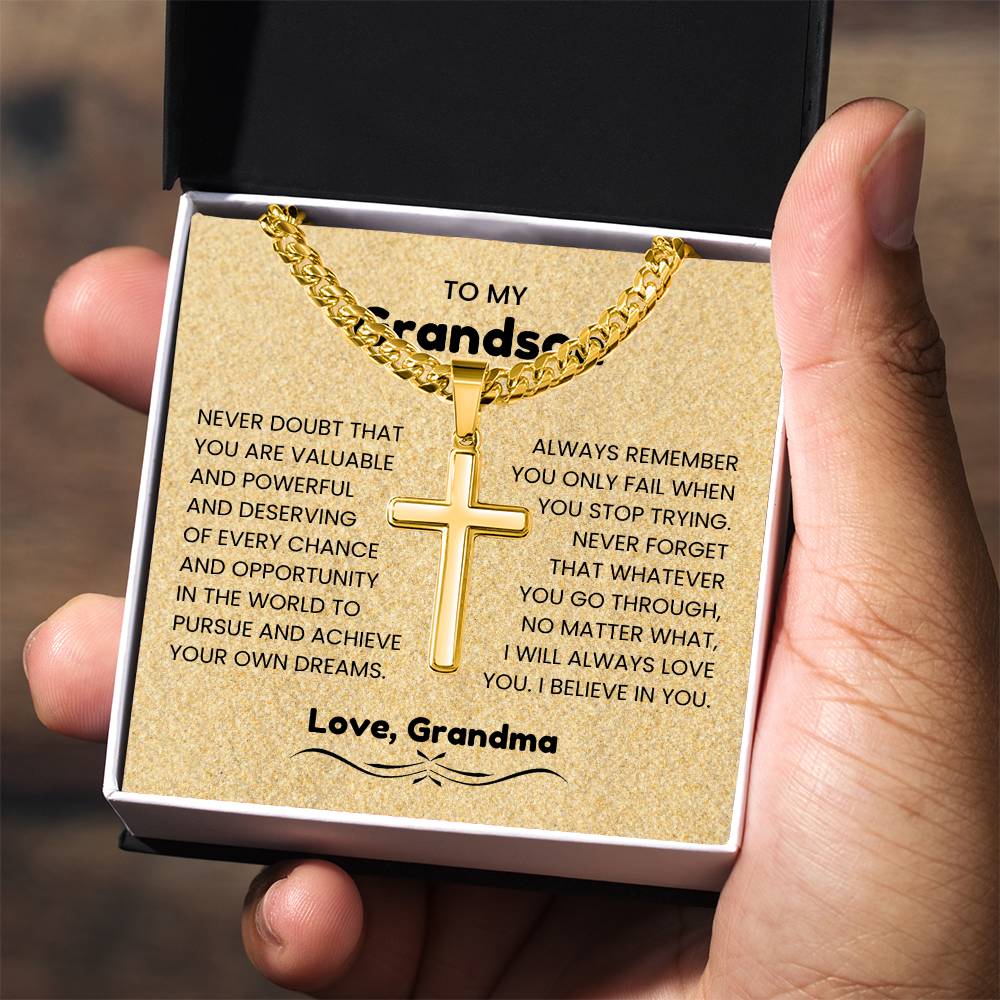 To My Grandson - Gift for Grandson from Grandma - I will always love you - Artisan Cross with Cuban Link Chain