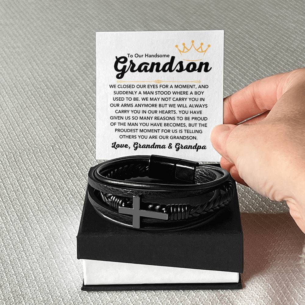 To Our Grandson – Holiday, Birthday, Graduation Gift – Men's Cross Bracelet