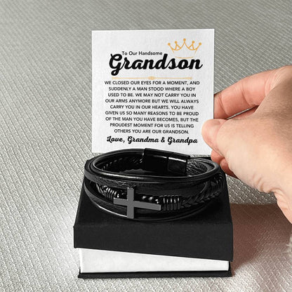 To Our Grandson – Holiday, Birthday, Graduation Gift – Men's Cross Bracelet