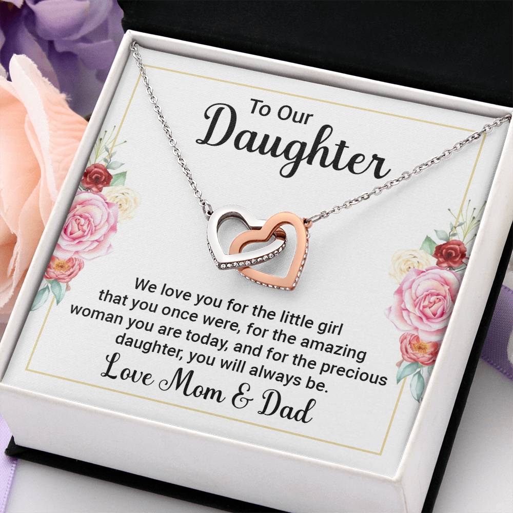 To Our Daughter Necklace – Daughter Graduation & Birthday Present from Mom and Dad – Interlocking Hearts Necklace