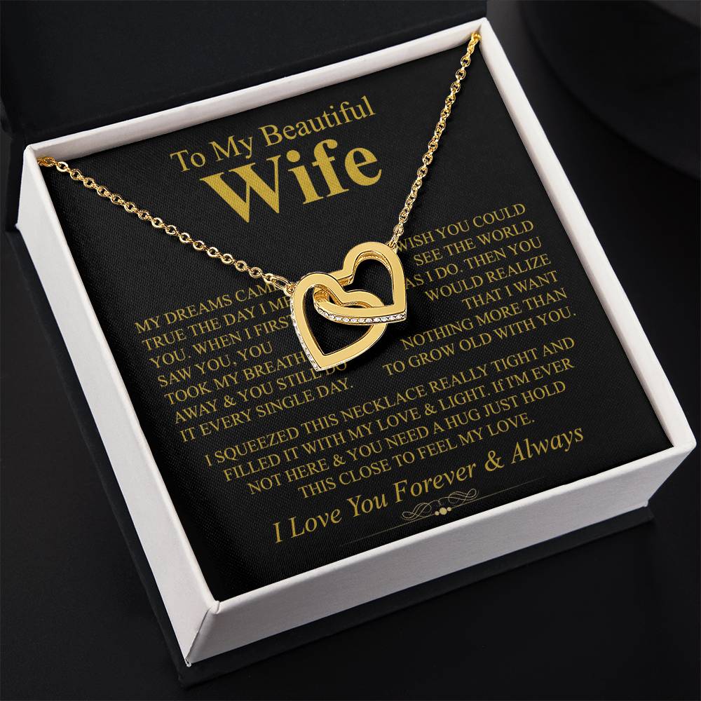 To My Beautiful Wife Necklace - Perfect Romantic Surprise from Husband for Anniversary, Birthday & Valentine’s Day - Interlocking Hearts Necklace