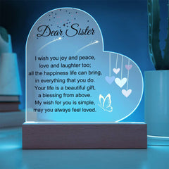 Acrylic Heart Plaque Gift, Sister LED Light-Up Keepsake, Sweet Message Decor, Loving Gift for Her Birthday, Thoughtful Sister Room Display