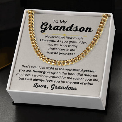 Grandson Necklace Gift from Grandma, Birthday, Graduation & Christmas Jewelry - Cuban Link Chain