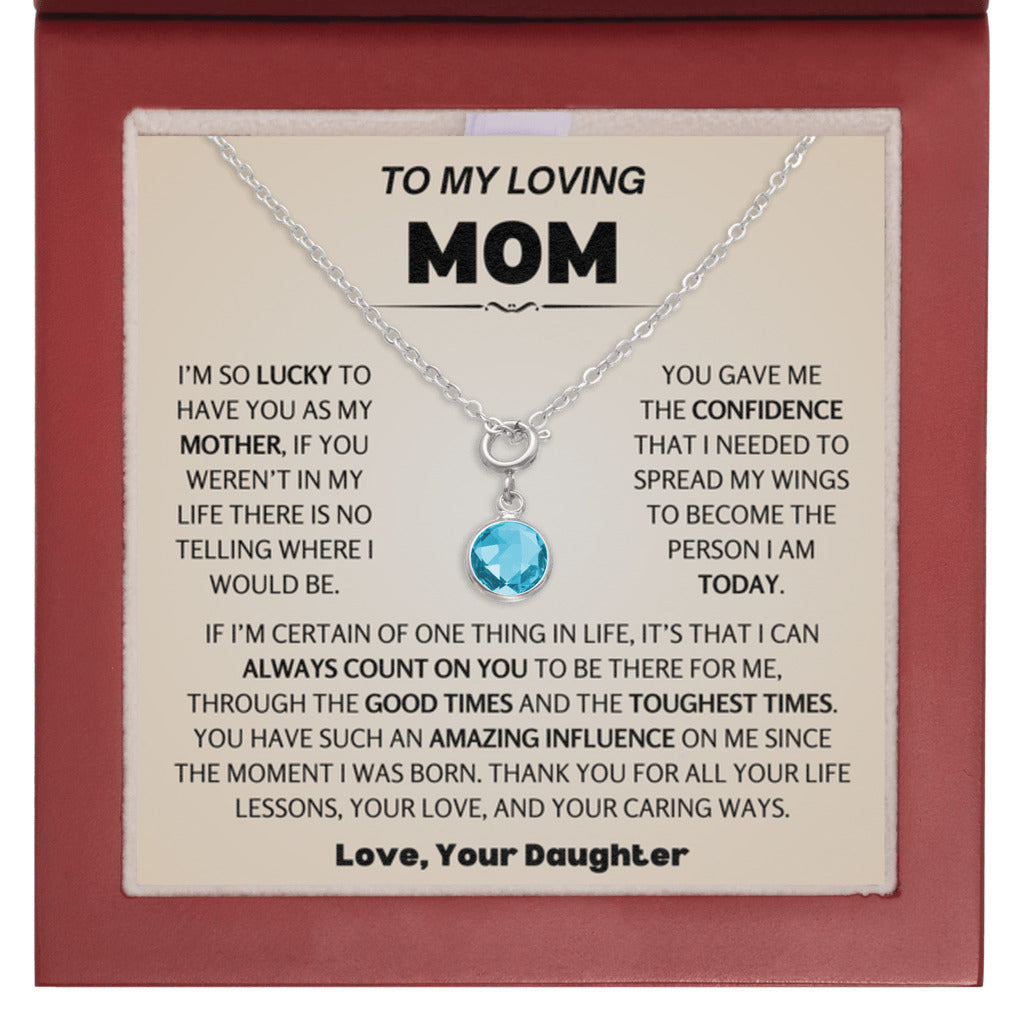 March Birthstone Necklace for Mom from Daughter - Mahogany Luxury Box