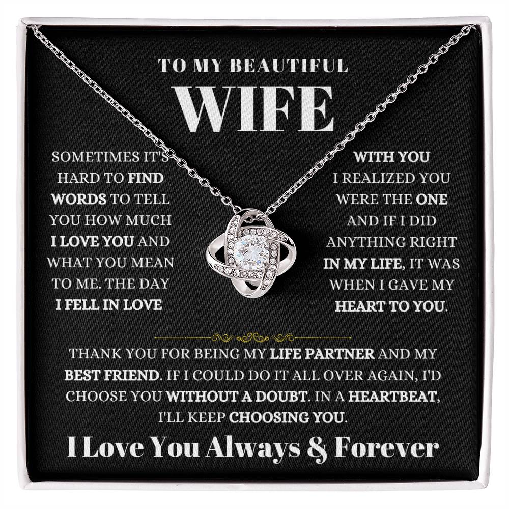 To My Beautiful Wife Necklace - Romantic Keepsake Jewelry Gift from Husband for Special Days & Valentine’s Love - Love Knot Necklace