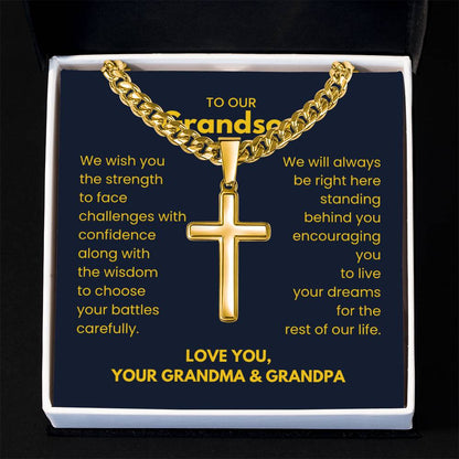 To Our Grandson - Grandson Gift from Grandma and Grandpa - Artisan Cross with Cuban Link Chain
