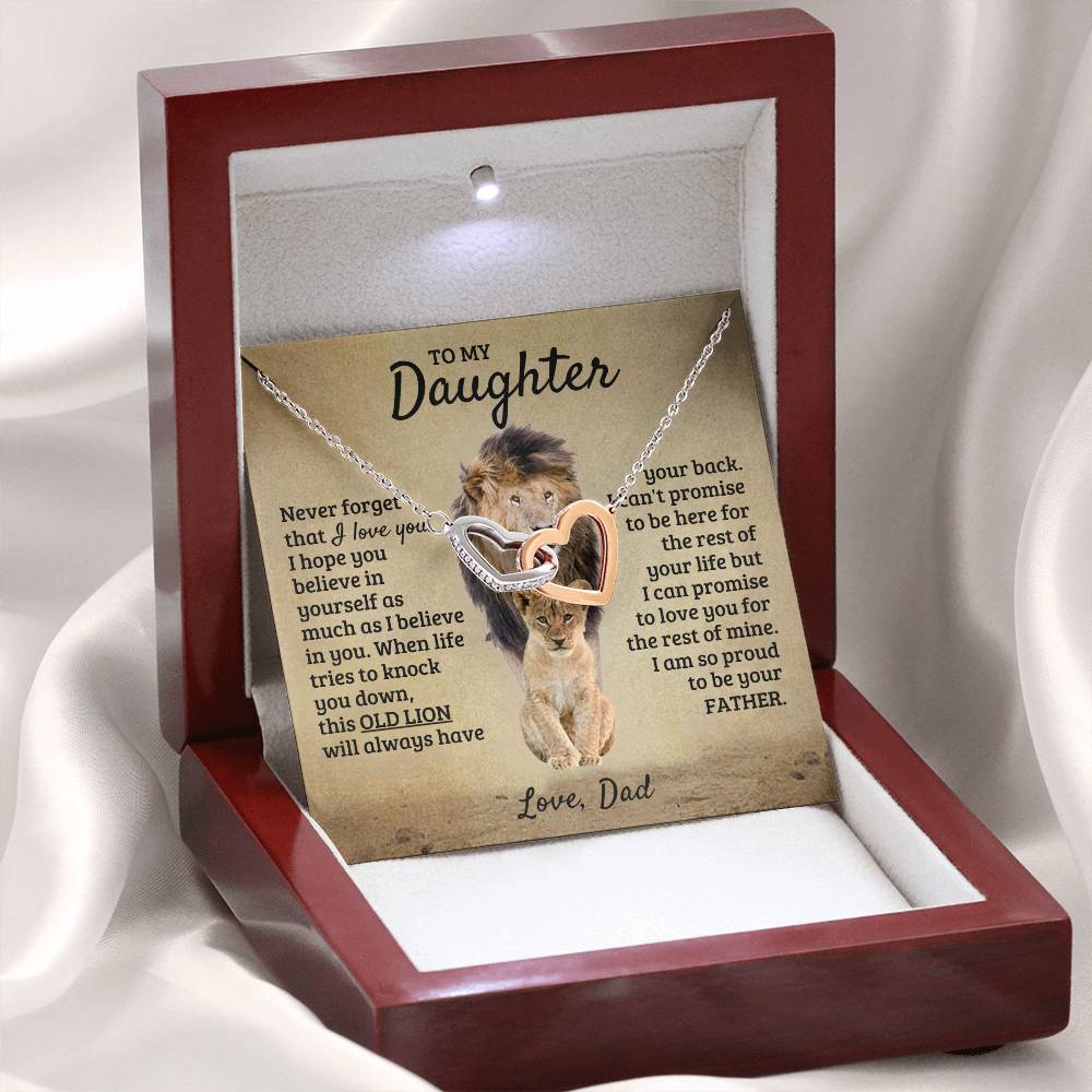 To My Daughter Necklace - Birthday Jewelry Gift from Dad - Old Lion - Interlocking Hearts Necklace