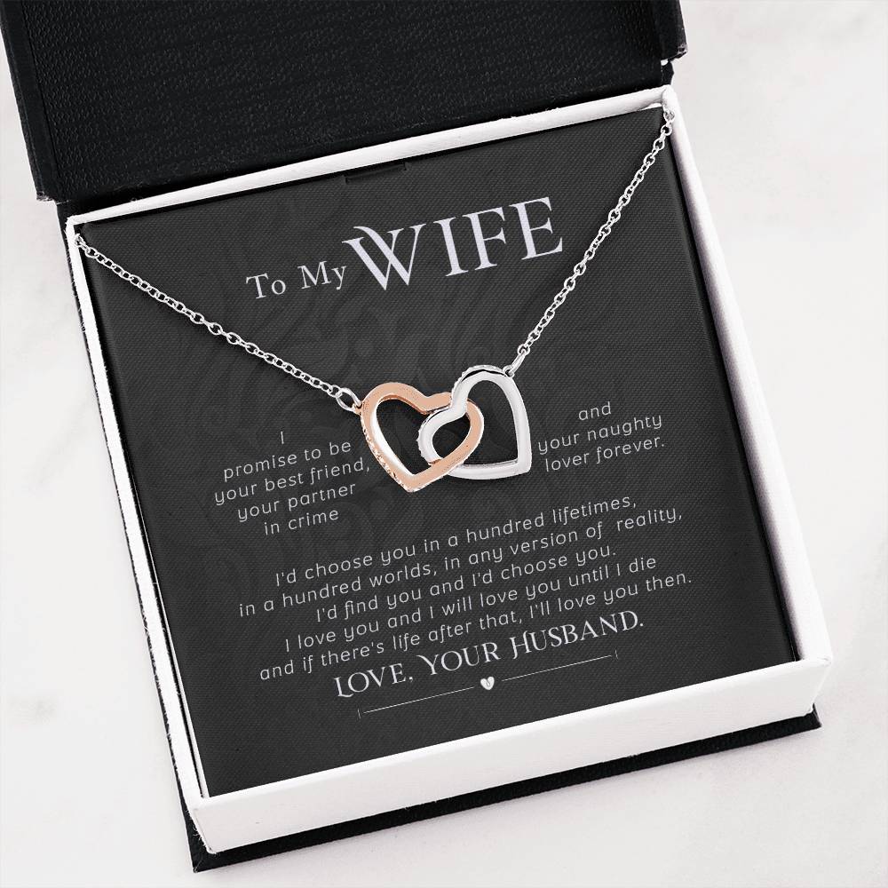 To My Wife Necklace - Touching Romantic Gift for Wife from Husband for Christmas, Anniversary & Valentine’s Day - Interlocking Hearts Necklace