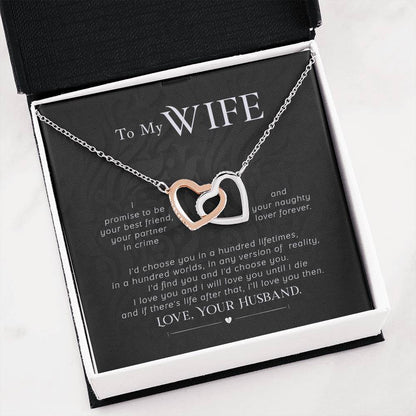 To My Wife Necklace - Touching Romantic Gift for Wife from Husband for Christmas, Anniversary & Valentine’s Day - Interlocking Hearts Necklace