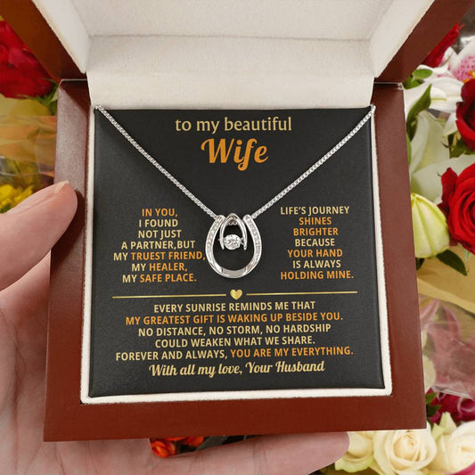To My Beautiful Wife Necklace - Husband to Wife Jewelry for Romantic Valentine’s Day, Birthday & Anniversary Gifts - Lucky In Love Necklace