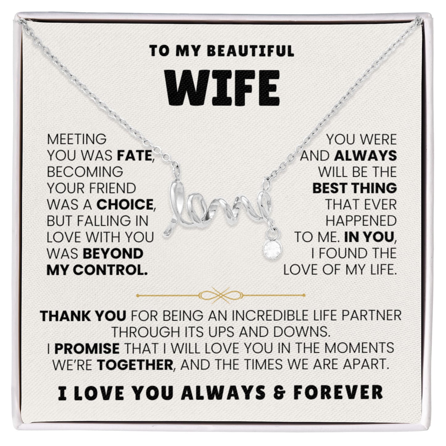To My Wife Necklace - Sentimental Jewelry Gift from Husband for Birthday, Anniversary & Valentine’s Day - Scripted Love Necklace