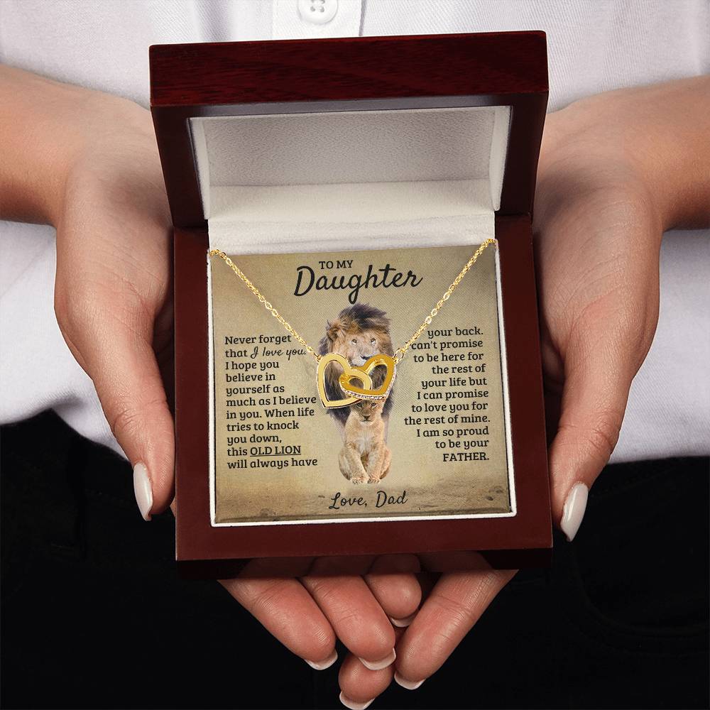 To My Daughter Necklace - Birthday Jewelry Gift from Dad - Old Lion - Interlocking Hearts Necklace