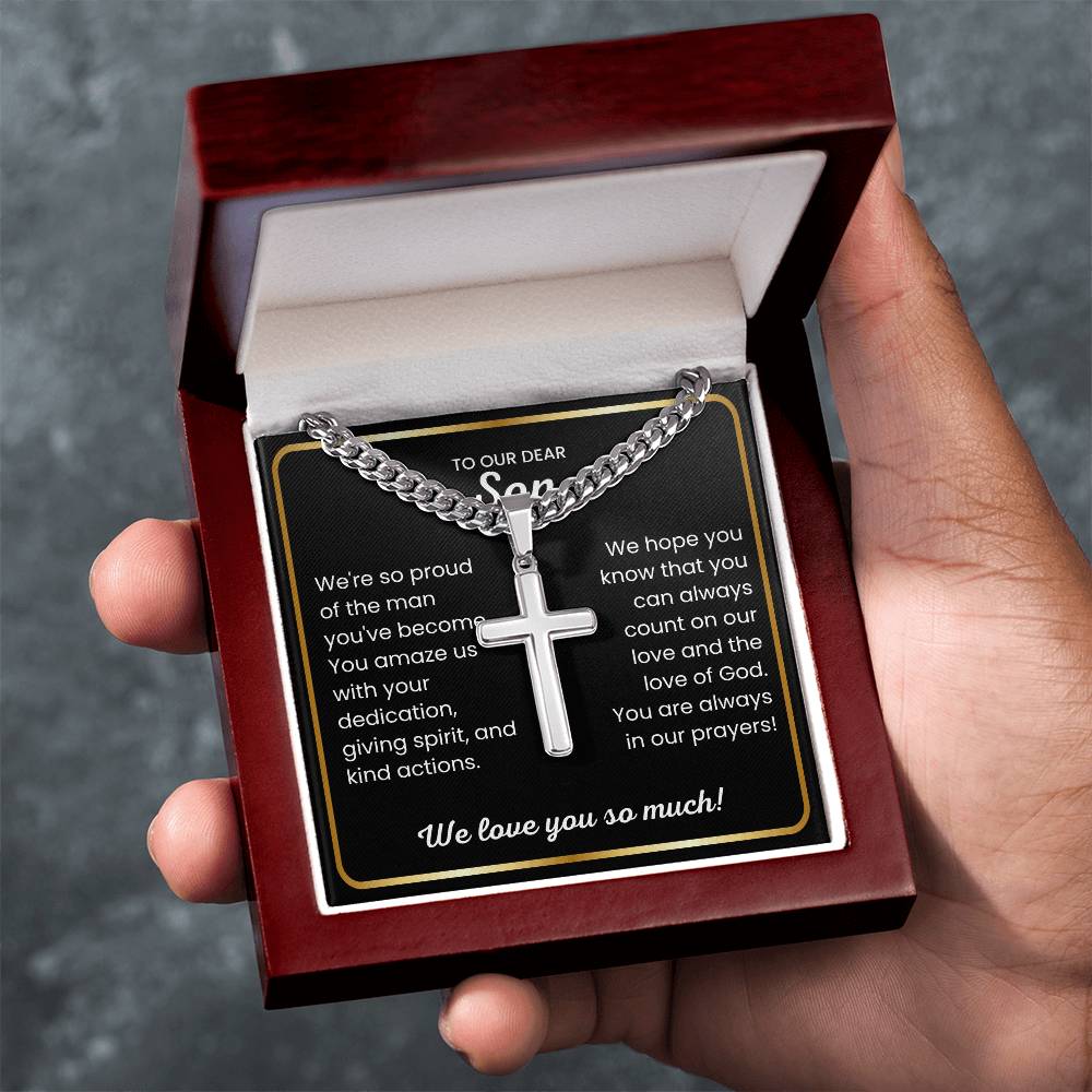 To Our Dear Son - We love you so much - Gift for Son from Mom and Dad - Artisan Cross with Cuban Link Chain