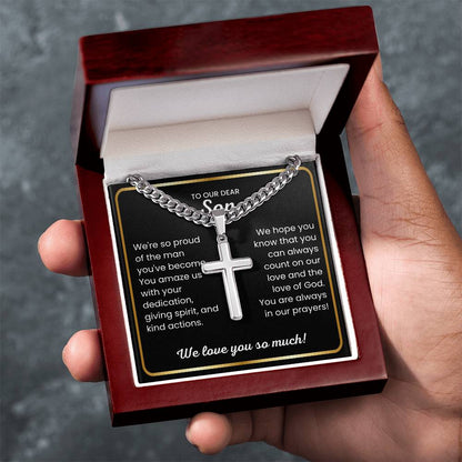 To Our Dear Son - We love you so much - Gift for Son from Mom and Dad - Artisan Cross with Cuban Link Chain
