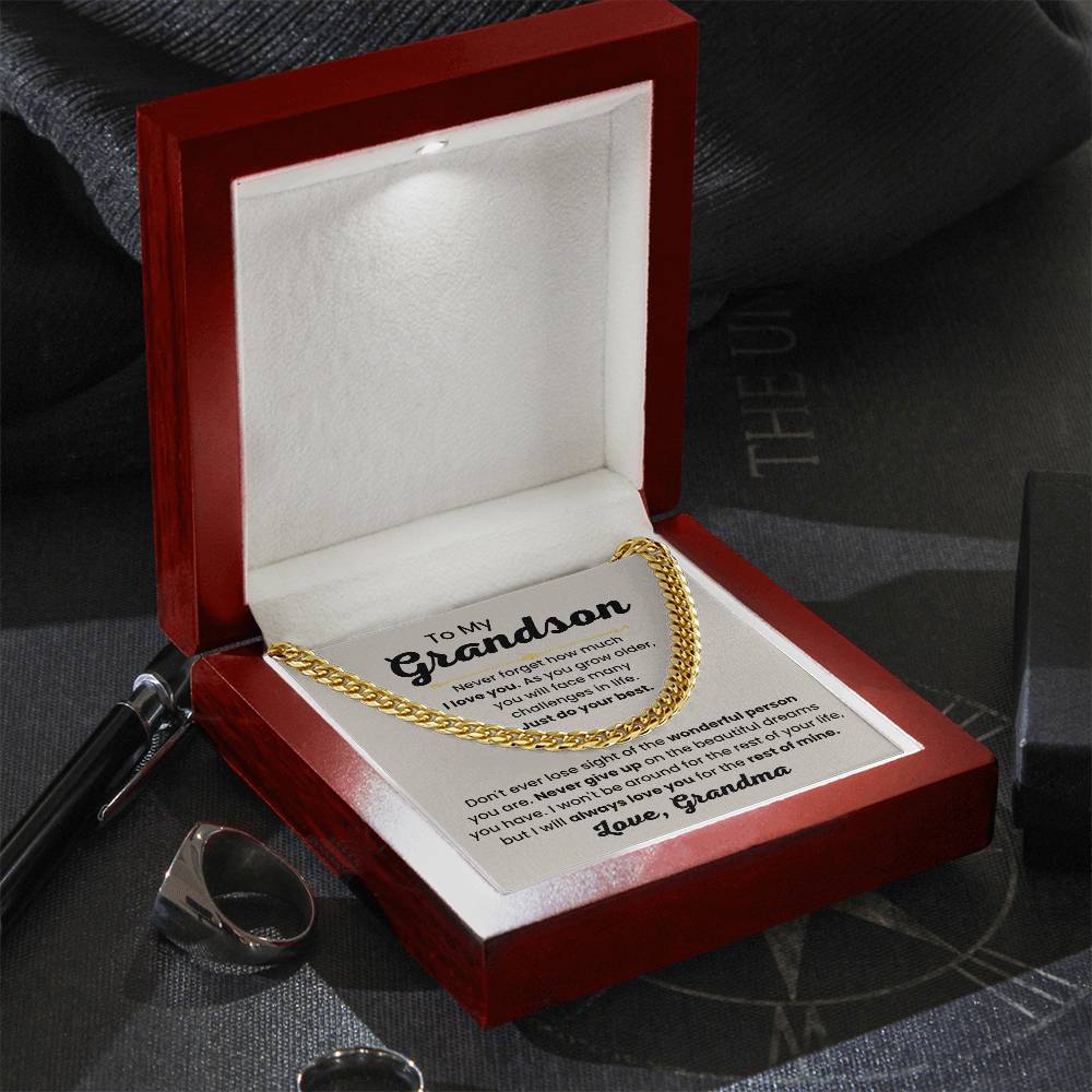 Grandson Necklace Gift from Grandma, Birthday, Graduation & Christmas Jewelry - Cuban Link Chain