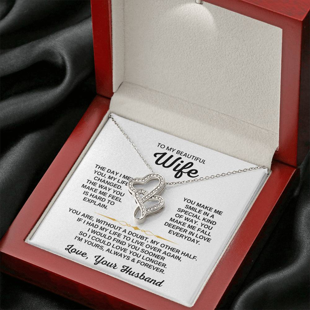 To My Beautiful Wife Necklace - Romantic Birthday Jewelry Gift from Husband for Valentine’s Day & Long Lasting Memories - Heart-to-heart Pendant Necklace