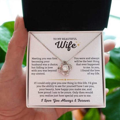 To My Beautiful Wife Necklace - Romantic Anniversary & Valentine’s Day Jewelry Gift from Husband to Wife - Love Knot Necklace