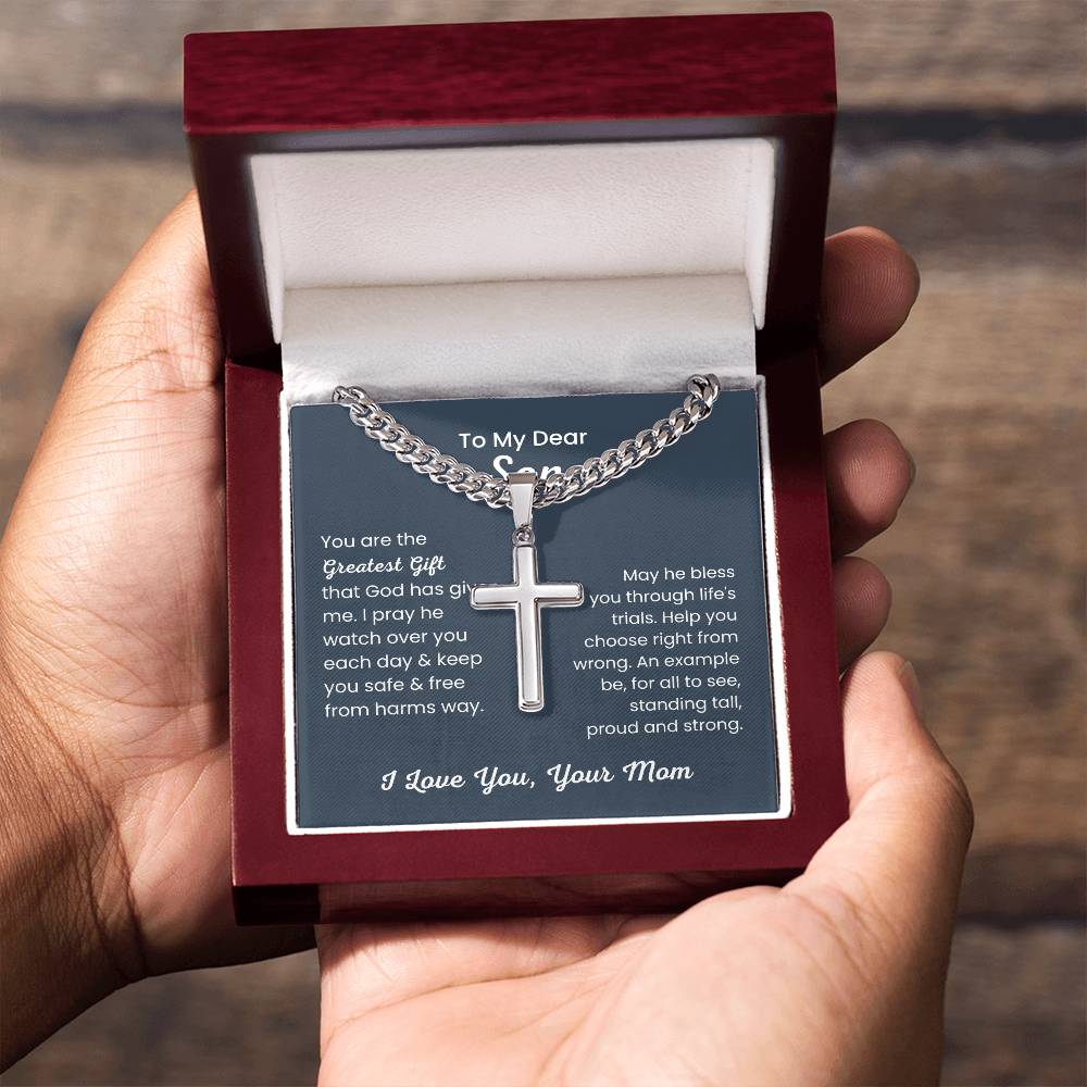 To Dear My Son - You are the greatest gift - Gift for Son from Mom - Artisan Cross with Cuban Link Chain