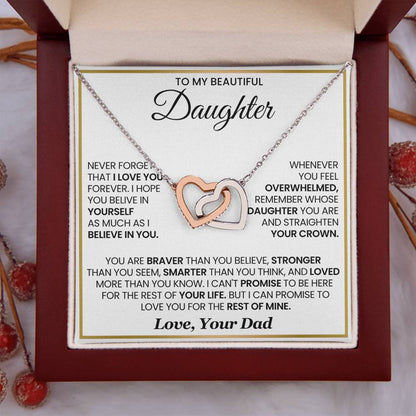 To My Daughter Necklace Gift from Dad for Birthday, Graduation, Christmas & Valentine's Day - Interlocking Hearts Necklace