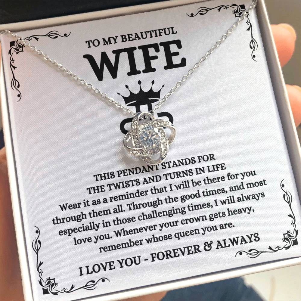 To My Beautiful Wife Necklace - Best Loving Jewelry Gift for Valentine’s Day, Anniversaries & Romantic Surprises - Love Knot Necklace