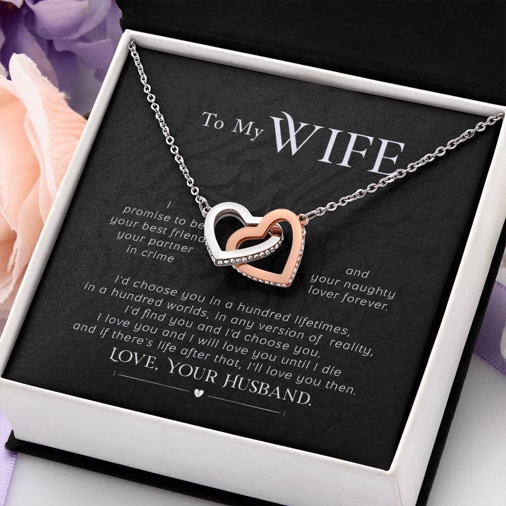 To My Wife Necklace - Touching Romantic Gift for Wife from Husband for Christmas, Anniversary & Valentine’s Day - Interlocking Hearts Necklace