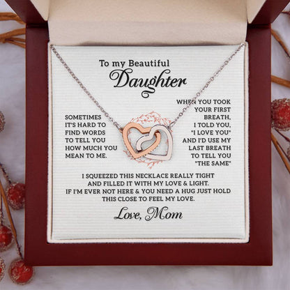 To My Daughter Necklace - Meaningful Daughter Gift from Mom for Forever Love & Support - Interlocking Hearts Necklace