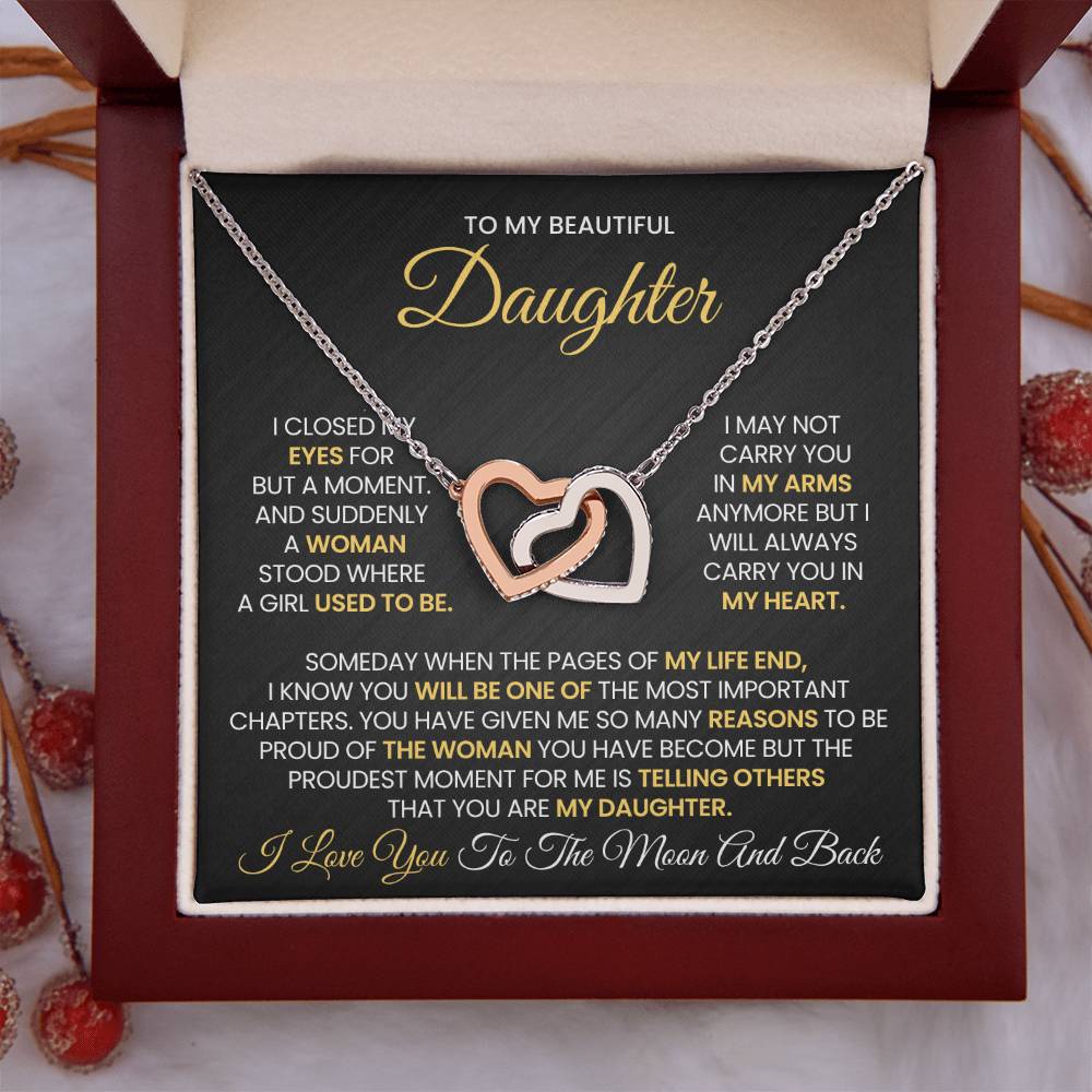 To My Daughter Necklace - I love you to the moon and back - Interlocking Hearts Necklace Gift for Daughter