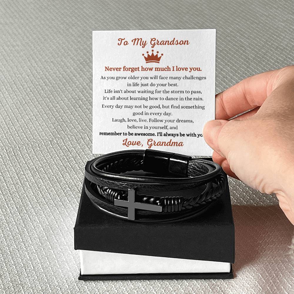 To My Grandson - Gift for Grandson from Grandma - Never forget how much I love you - Men's Cross Bracelet