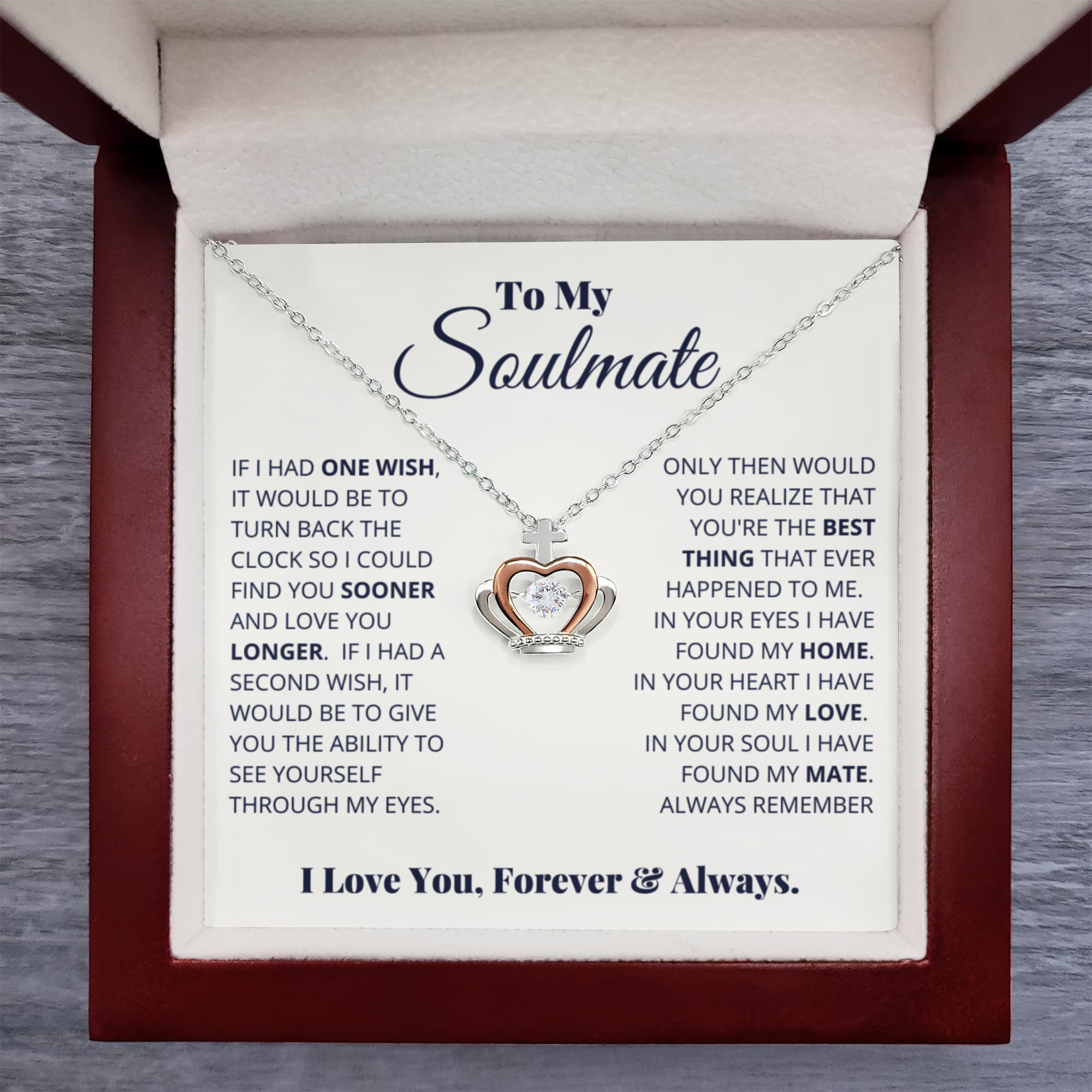 To My Soulmate Necklace - Romantic Soulmate Gift for Her for Christmas & Holiday Gifting - Crown Pendant Necklace