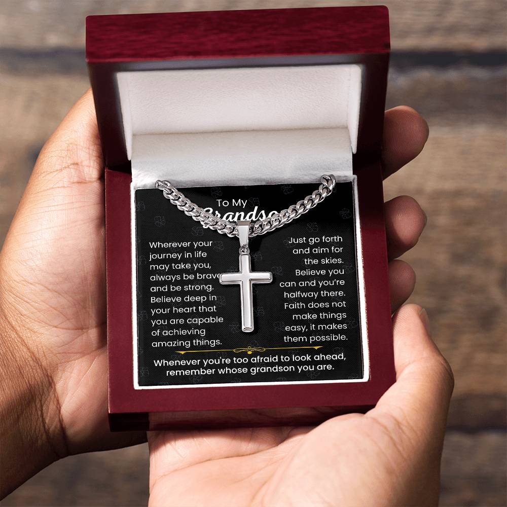 To My Grandson - Always be brave and be strong - Gift for Grandson - Artisan Cross with Cuban Link Chain