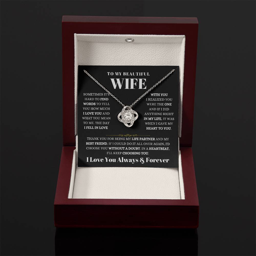 To My Beautiful Wife Necklace - Romantic Keepsake Jewelry Gift from Husband for Special Days & Valentine’s Love - Love Knot Necklace