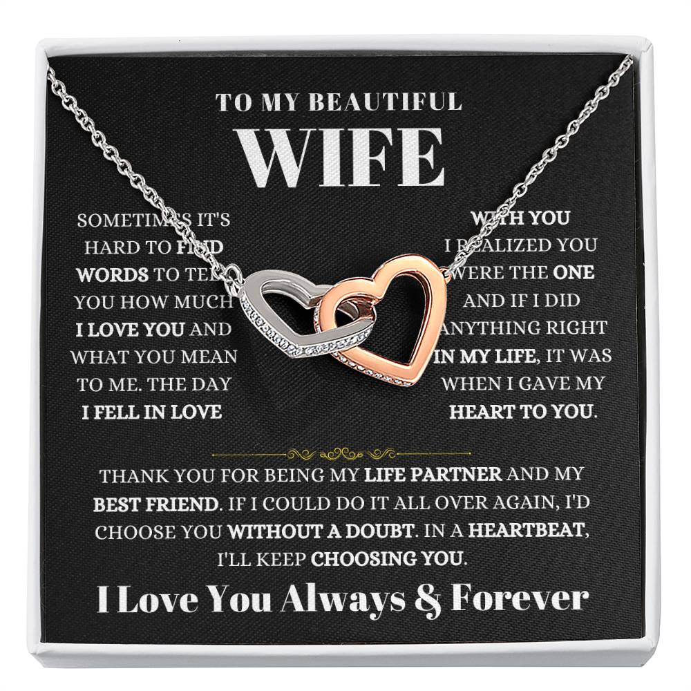 To My Wife Necklace - Beautiful Wife Gift from Husband for Birthday, Anniversary & Valentine’s Day - Interlocking Hearts Necklace