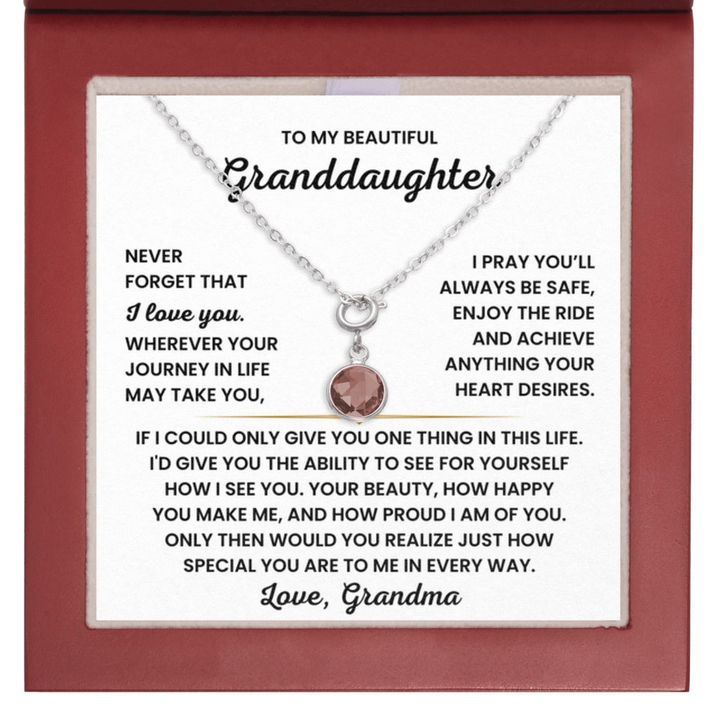 Birthstone Necklace for Granddaughter from Grandma - Mahogany LED Box - January